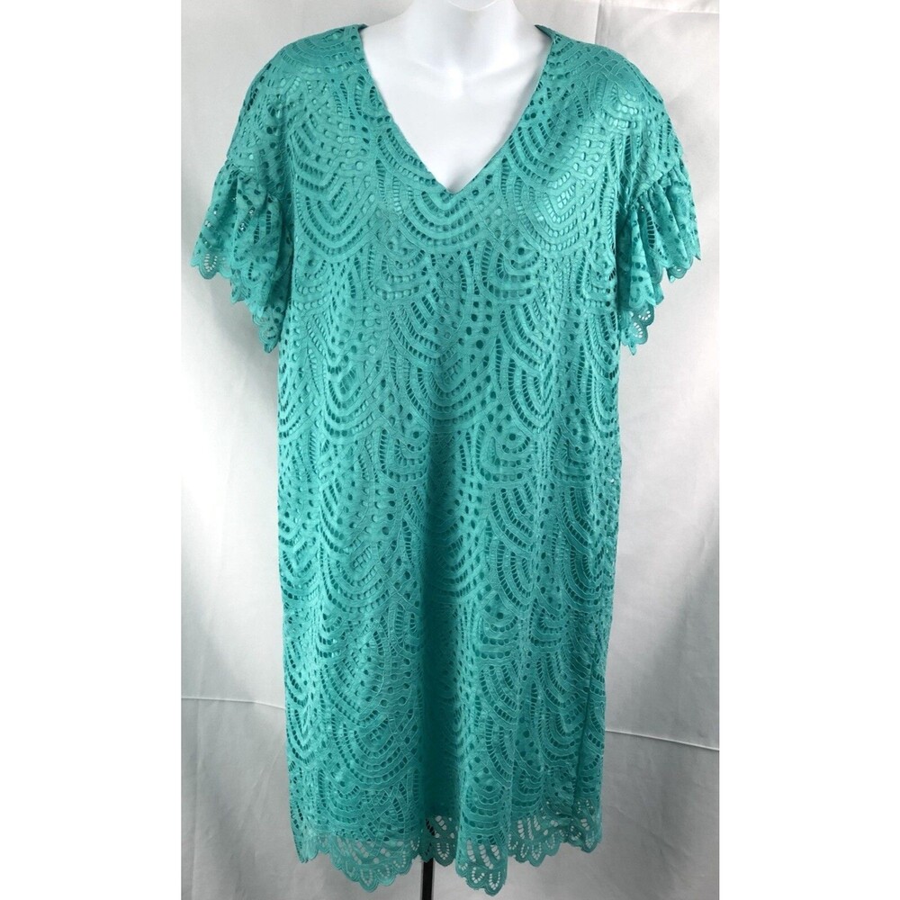 NWT Worthington dress S aqua Flutter Sleeve Knee Length Scallop Hem Cut Out Lace